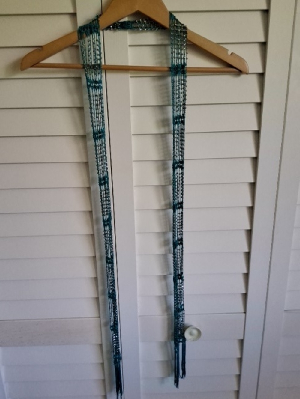 Long Teal Beaded Fringe Scarf